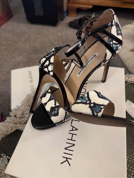 Manolo Blahnik Shoes - Vintage Manolo Blahnik Riah Black & Ivory Patterned Leather High Heel Sandals